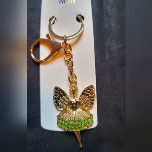 Gold Fairy Keychain/Bag Charm with Green and Dark Gray Rhinestone NWT